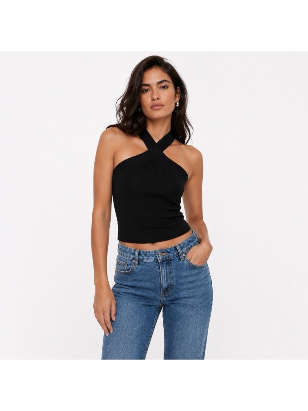 Aritzia Babaton Sculpt Ribbed Knit Cropped Tank Size Small Black Crisscross NWOT